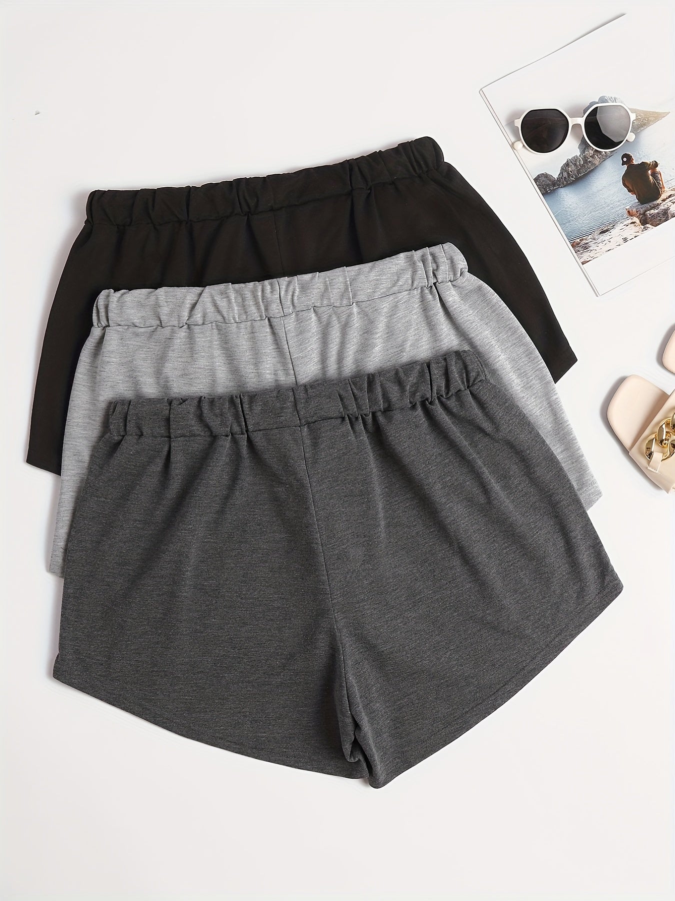 3 Pack Plus Size Basic Shorts Set Solid Plain Elastic Drawstring Shorts