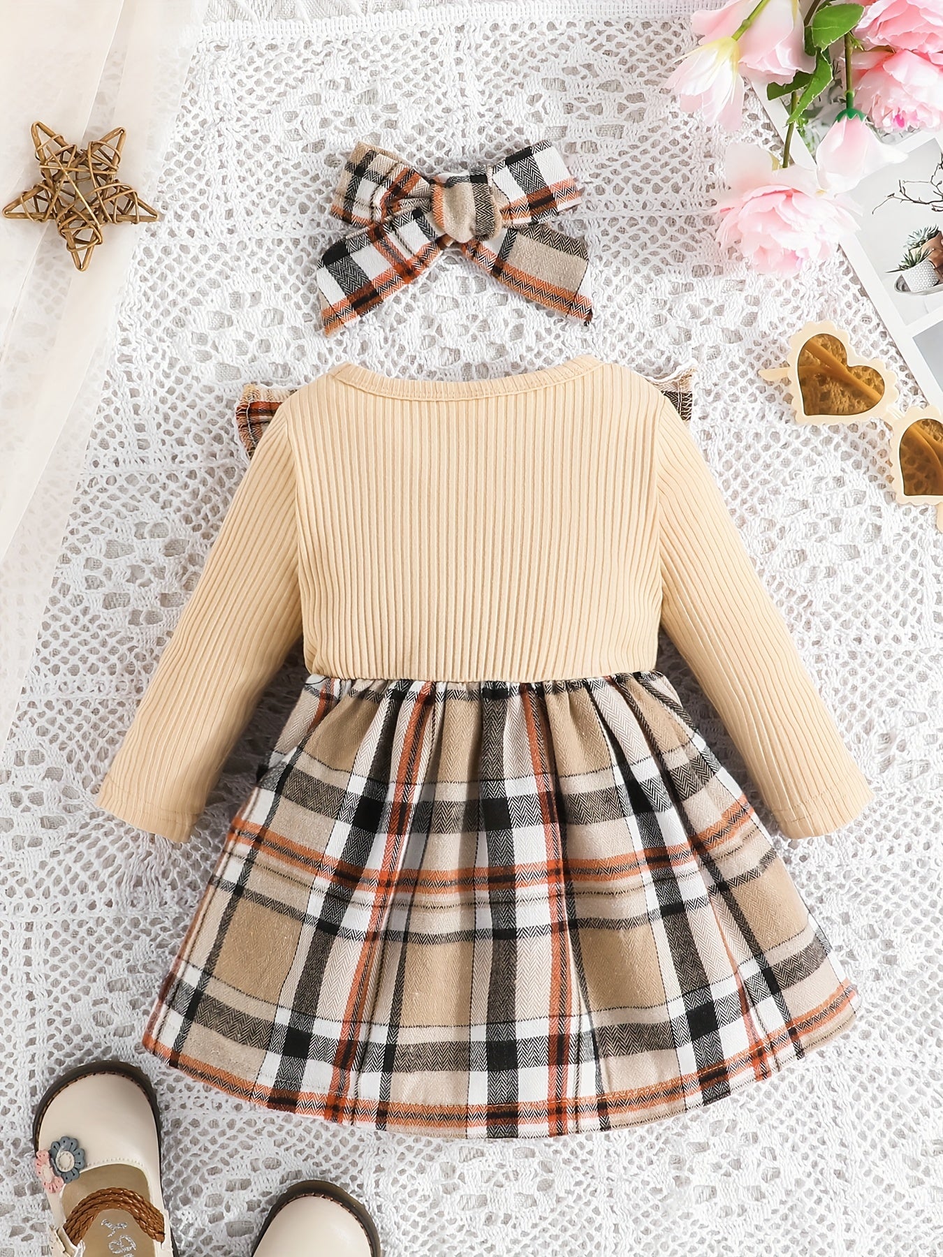 Baby Girl Ruffle Trim Plaid Dress Headband Set