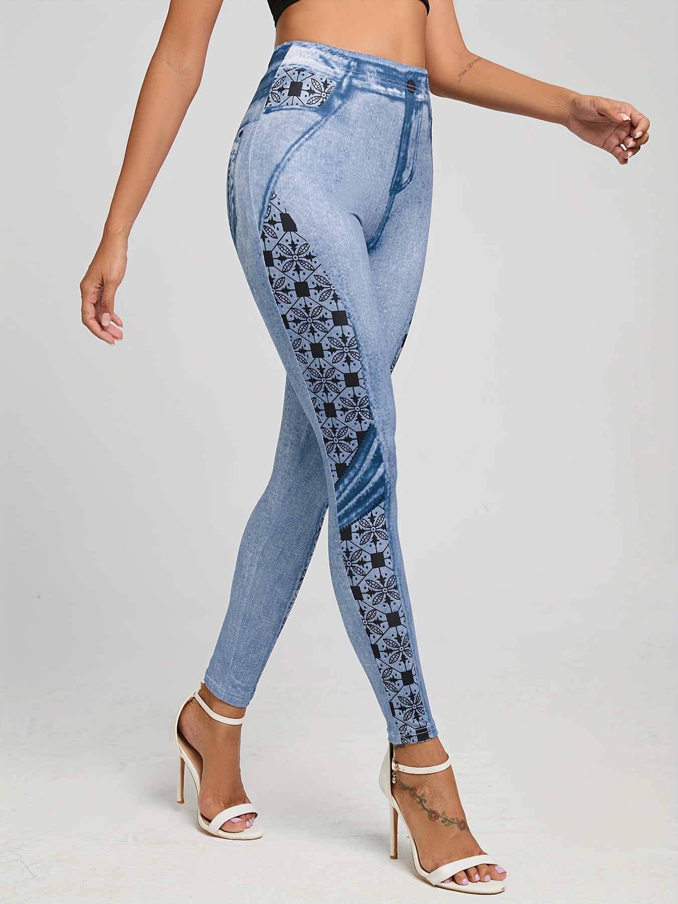 Denim Print Skinny Leggings Stretchy Casual Leggings
