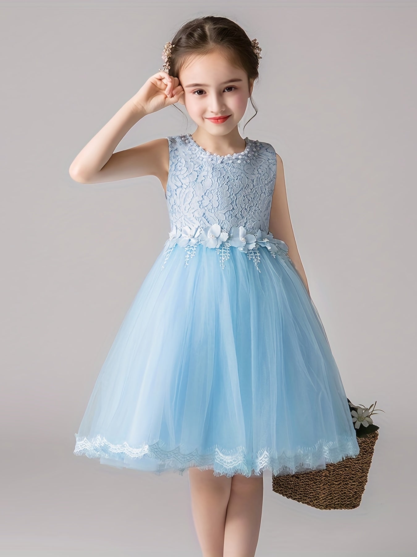 Girls Sleeveless Tutu Dress Beads Flower Appliques Party Birthday Princess Dress