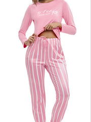 Letter Print Lounge Set Long Sleeve Crew Neck Top & Striped Pants