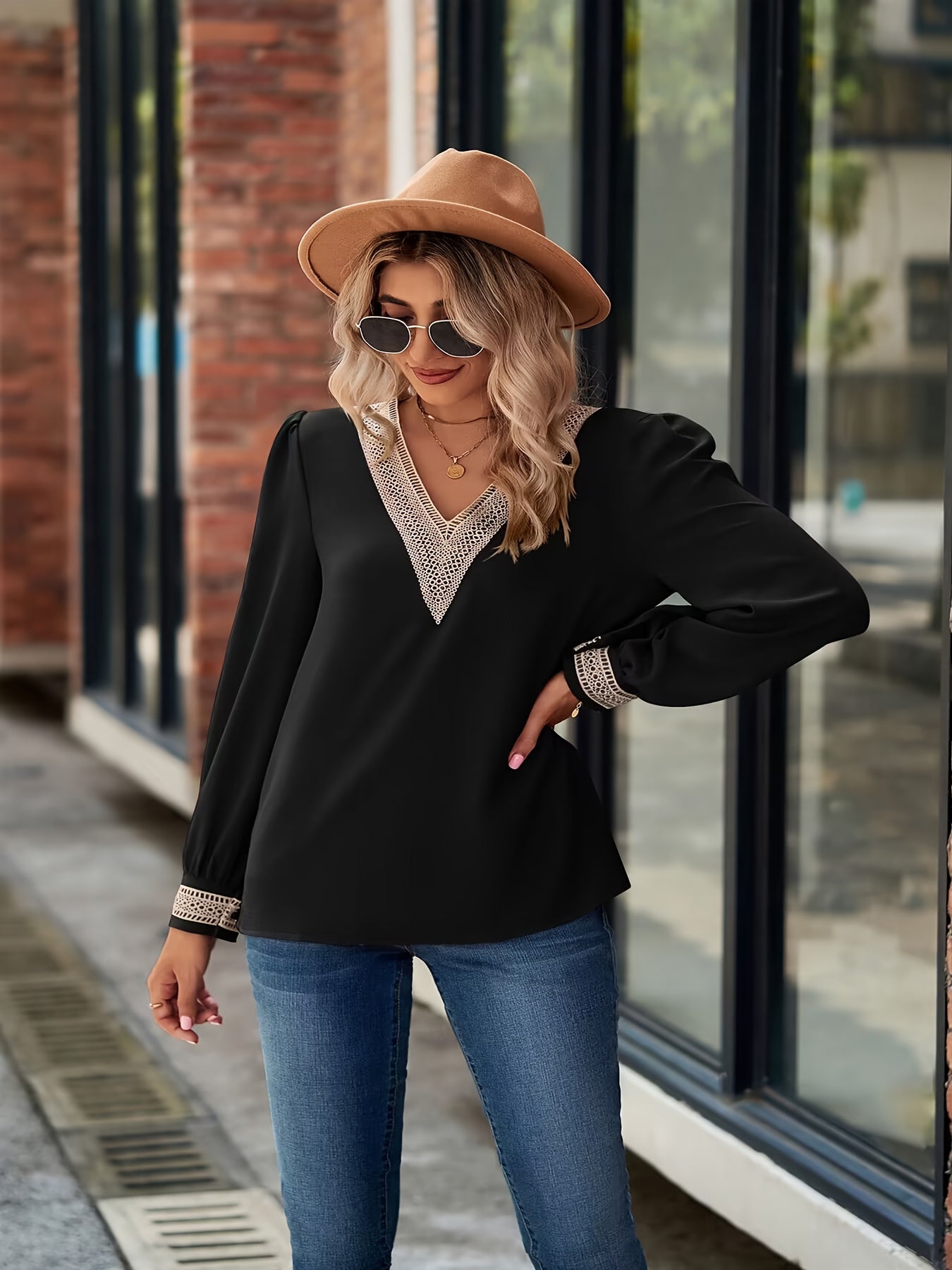 Solid Applique Long Puff Sleeve V Neck Top