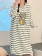Cartoon Dinosaur Print NightDress Long Sleeve Crew Neck Fuzzy Pajama Dress