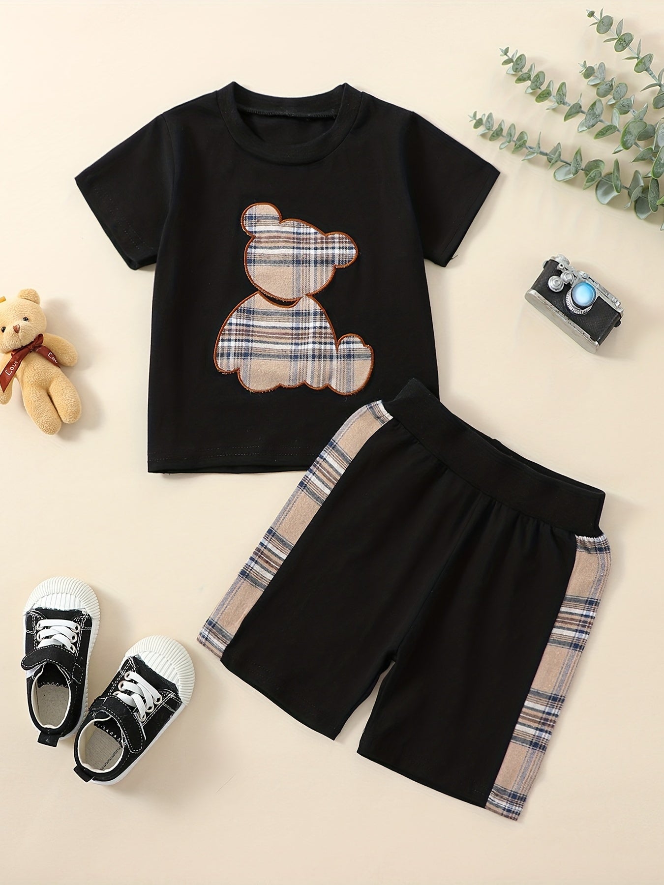 Baby Boys Cotton Plaid Bear Tee & Shorts Set for Spring Summer