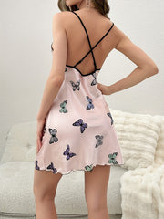 Butterfly Print Nightdress Sexy Scoop Neck Backless Sleep Dress
