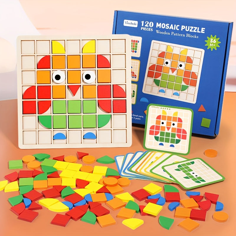120pc Wooden 3D Mosaic Puzzle Kids Brain Teaser Building Blocks Learning Toy