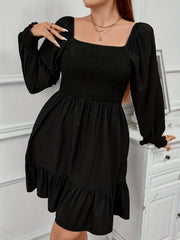 Solid Lantern Sleeve Square Neck Ruffle Dress