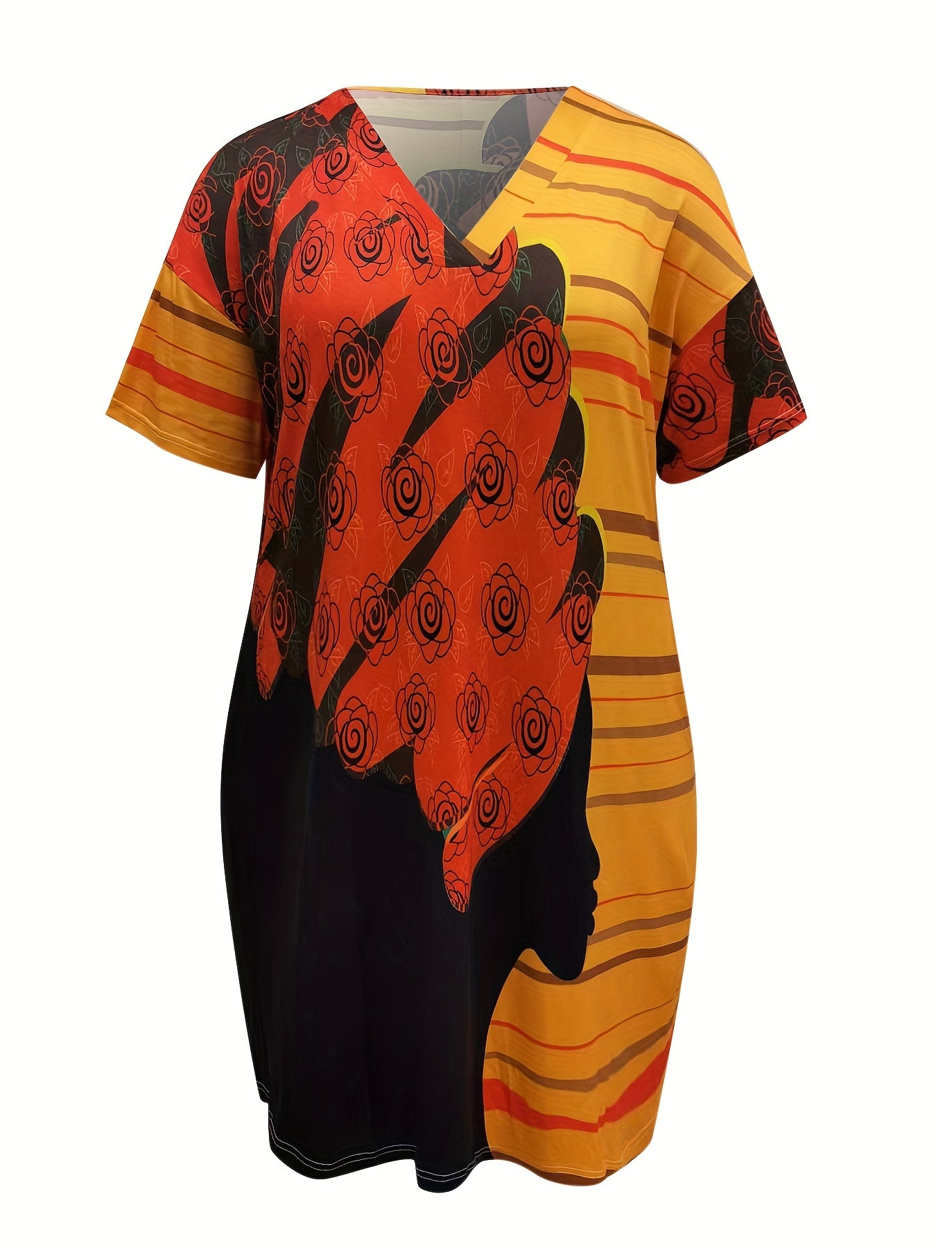 Colorblock Stripe & Floral Print V Neck Tee Dress