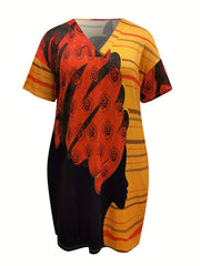 Colorblock Stripe & Floral Print V Neck Tee Dress