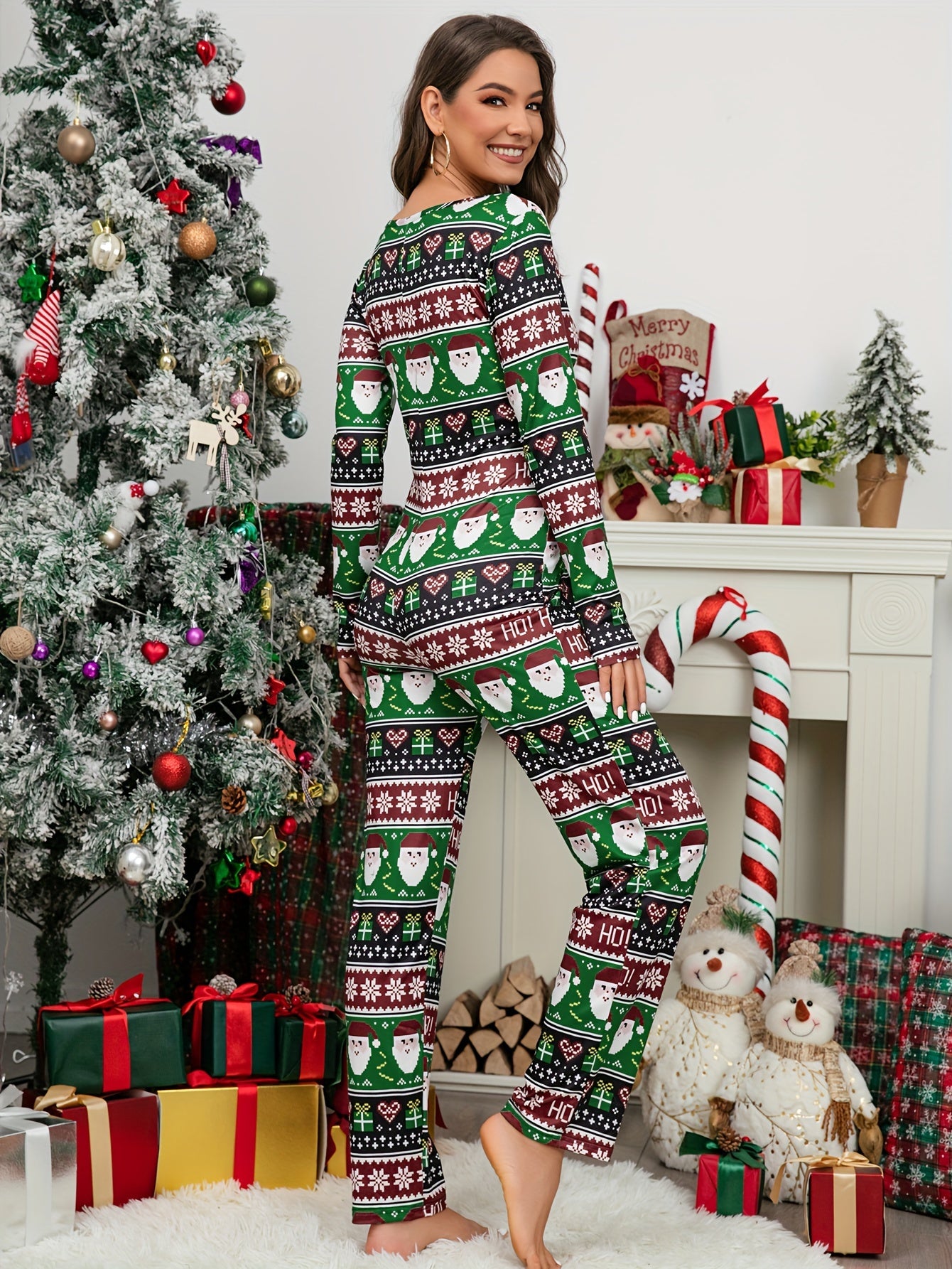 Christmas Snowflake Print Romper V Neck Long Sleeve Buttons Pajamas
