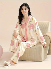 Duck Print Pajama Set Long Sleeve V Neck Top & Pants