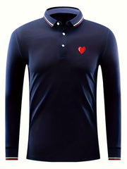 Red Heart Print Men's Casual Button Up Long Sleeve Lightweight Polo Shirt