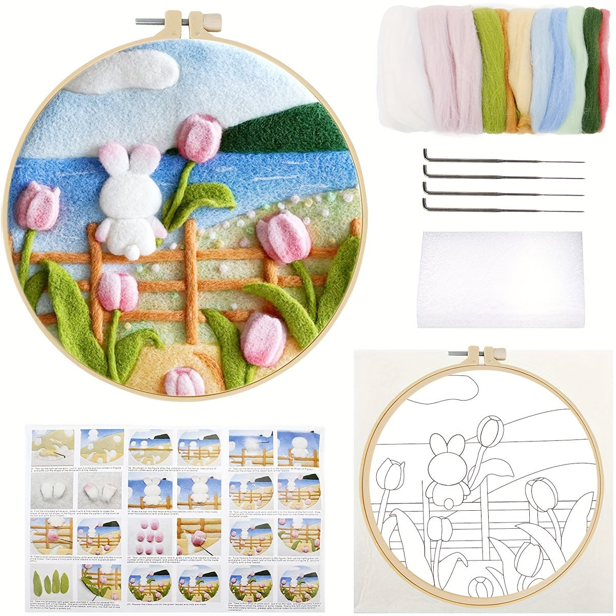 Wool Felting Painting Kit Rabbit and Flowers DIY Felt Package 20x20cm