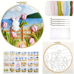 Wool Felting Painting Kit Rabbit and Flowers DIY Felt Package 20x20cm