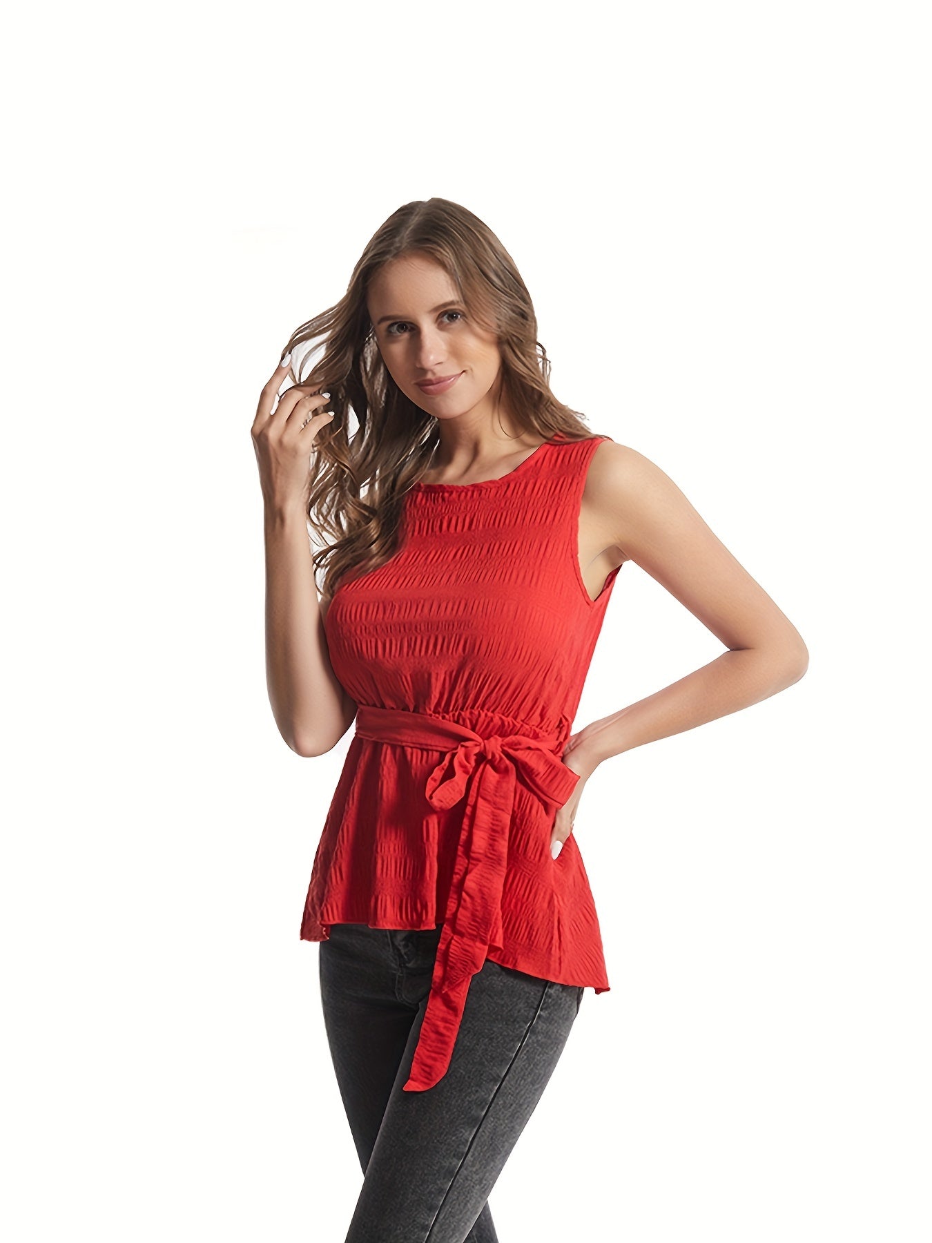 Texture Sleeveless Crew Neck Solid Blouse