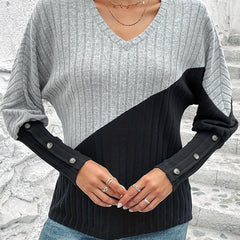 Colorblock Bat Sleeve V Neck Sweater