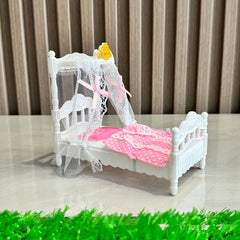 Mini Princess Bed with Canopy & Lace Curtains Dollhouse Furniture for Girls