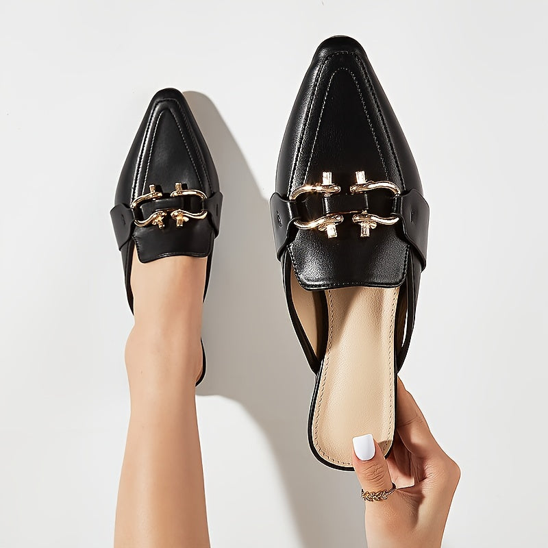 Pointed Toe Mules with Metal Buckle Detail