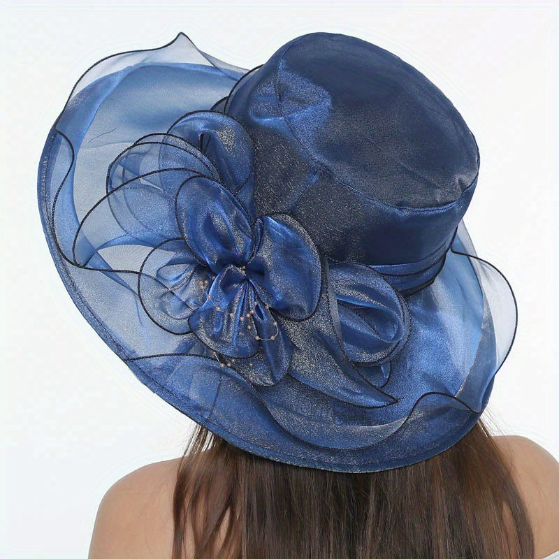 Wide Brim Church Derby Hat Mesh Flower Decor Organza Sun Hat