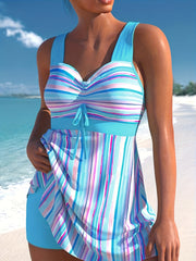 Striped Tankini Set Ruched Crisscross Back Top & Shorts