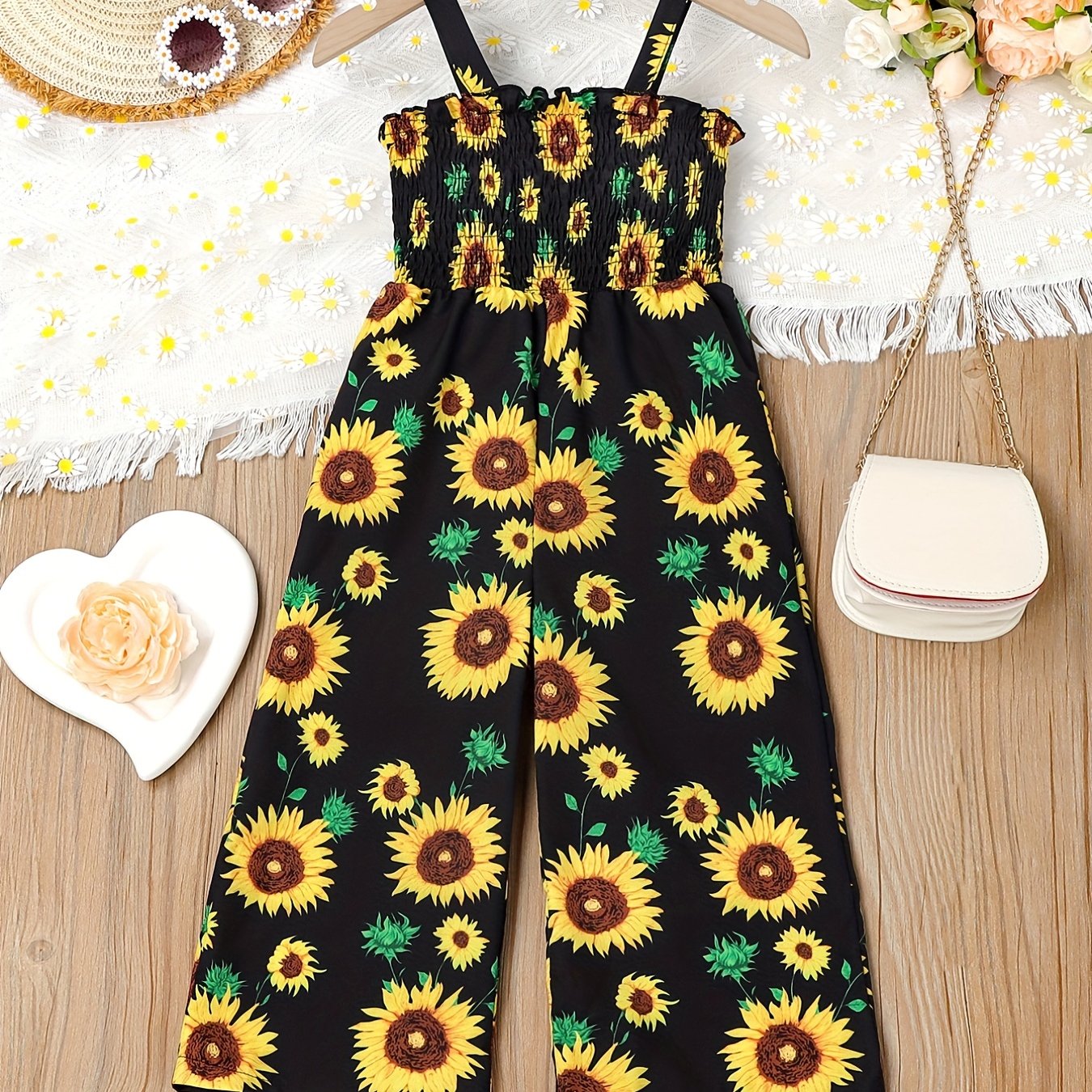 Girl's Sunflower Print Shirred Jumpsuit for Summer Vacation