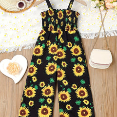 Girl's Sunflower Print Shirred Jumpsuit for Summer Vacation