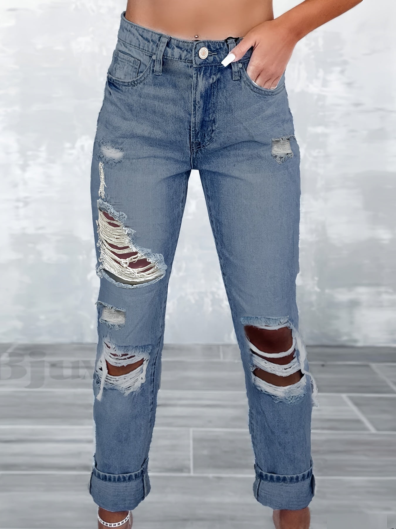 Button Fly Ripped Washed Jeans