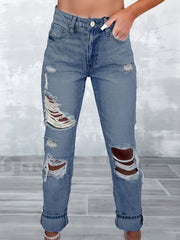 Button Fly Ripped Washed Jeans