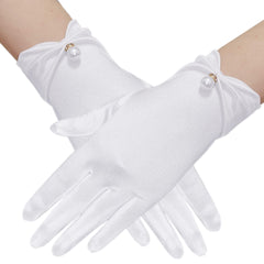 Short Satin Gloves with Faux Pearl Inlay for Bride