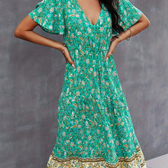 Boho Floral Print V Neck Dress Casual Short Sleeve Dress