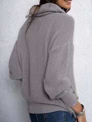 Casual Sweater Women's Plus Solid Button Decor Long Sleeve Turtleneck