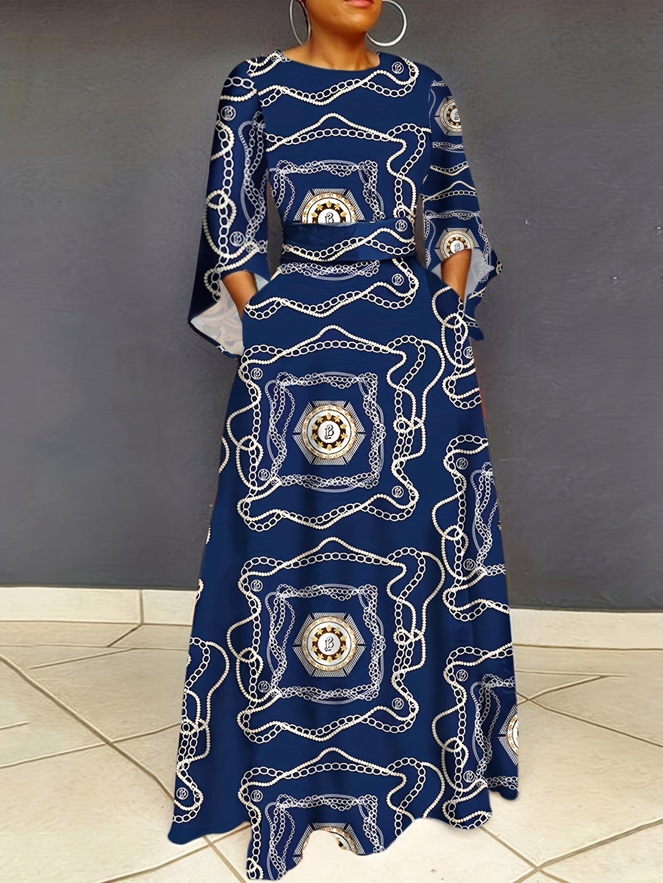 Chain Print Bell Sleeve Maxi Dress