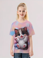 3D Sweet Cat Graphic Short Sleeve T-shirt for Kids