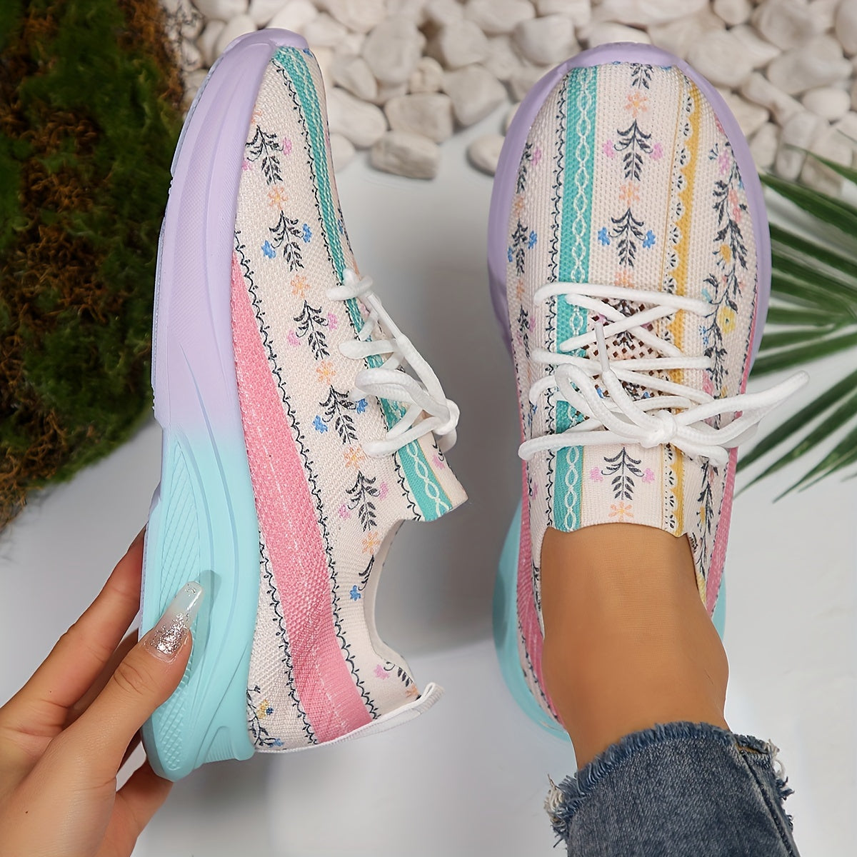 Casual Floral Print Running Shoes Breathable Lightweight Sport Sneakers