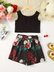 2pcs Toddler Girls Tank Crop Top & Belted Shorts Set