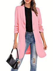 Solid Button Front Blazer Casual Ruched 3 4 Sleeve Lapel Blazer