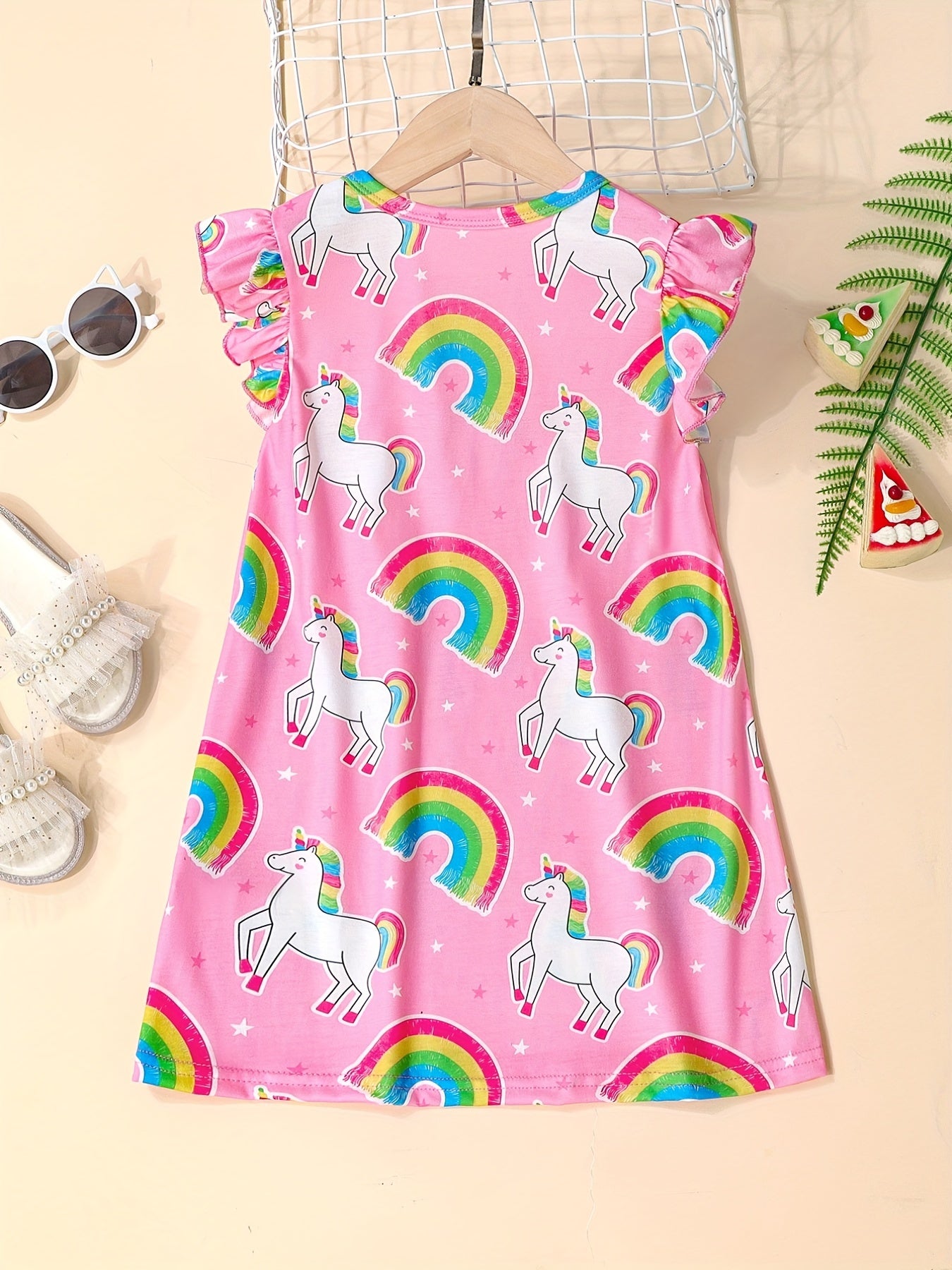Toddler Girls Rainbow Unicorn Ruffle Trim Dress