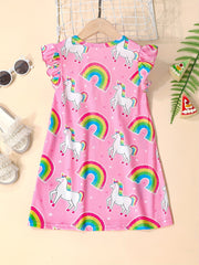 Toddler Girls Rainbow Unicorn Ruffle Trim Dress