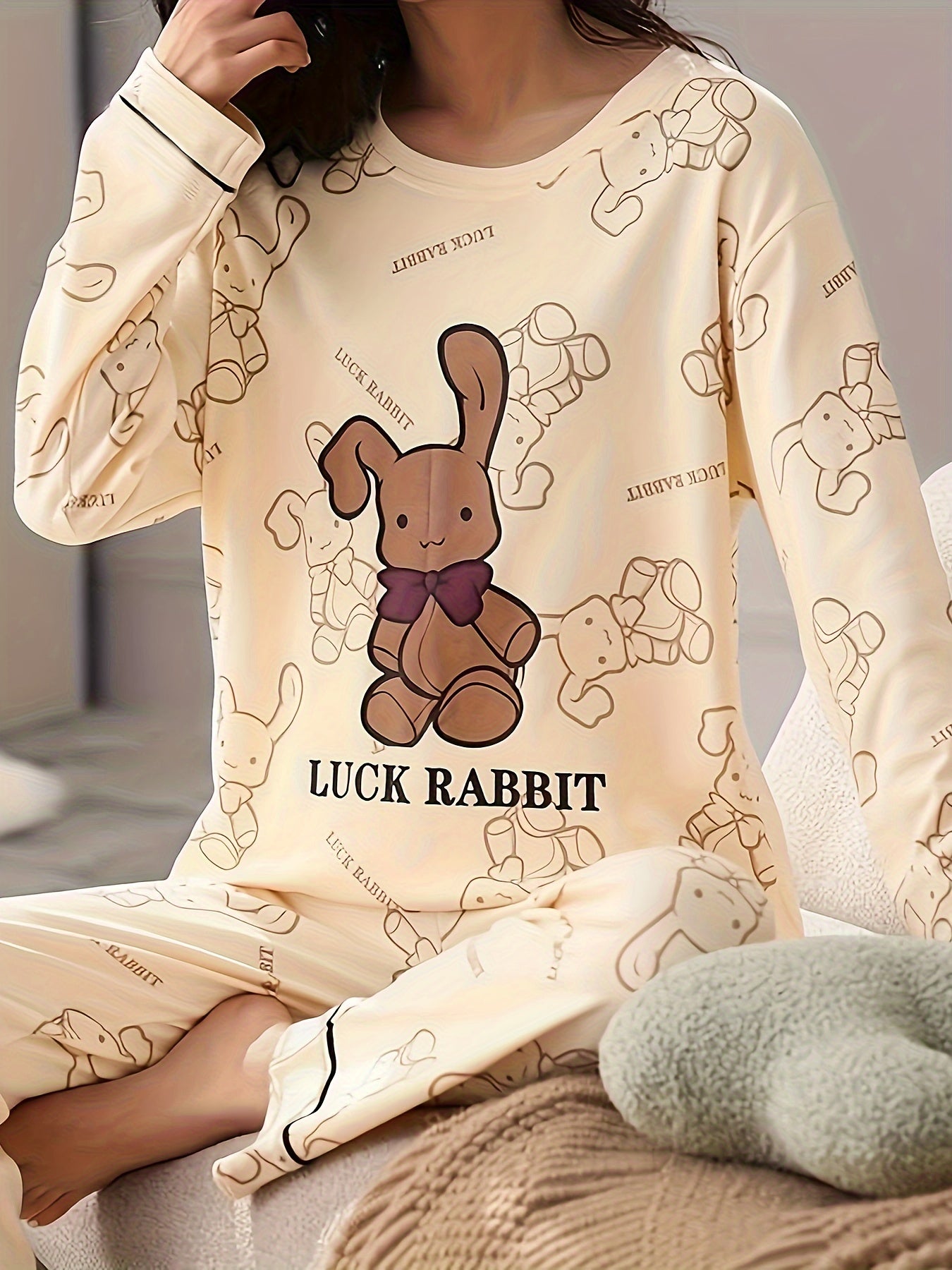 Rabbit Print Pajama Set Long Sleeve Crew Neck Top & Pants