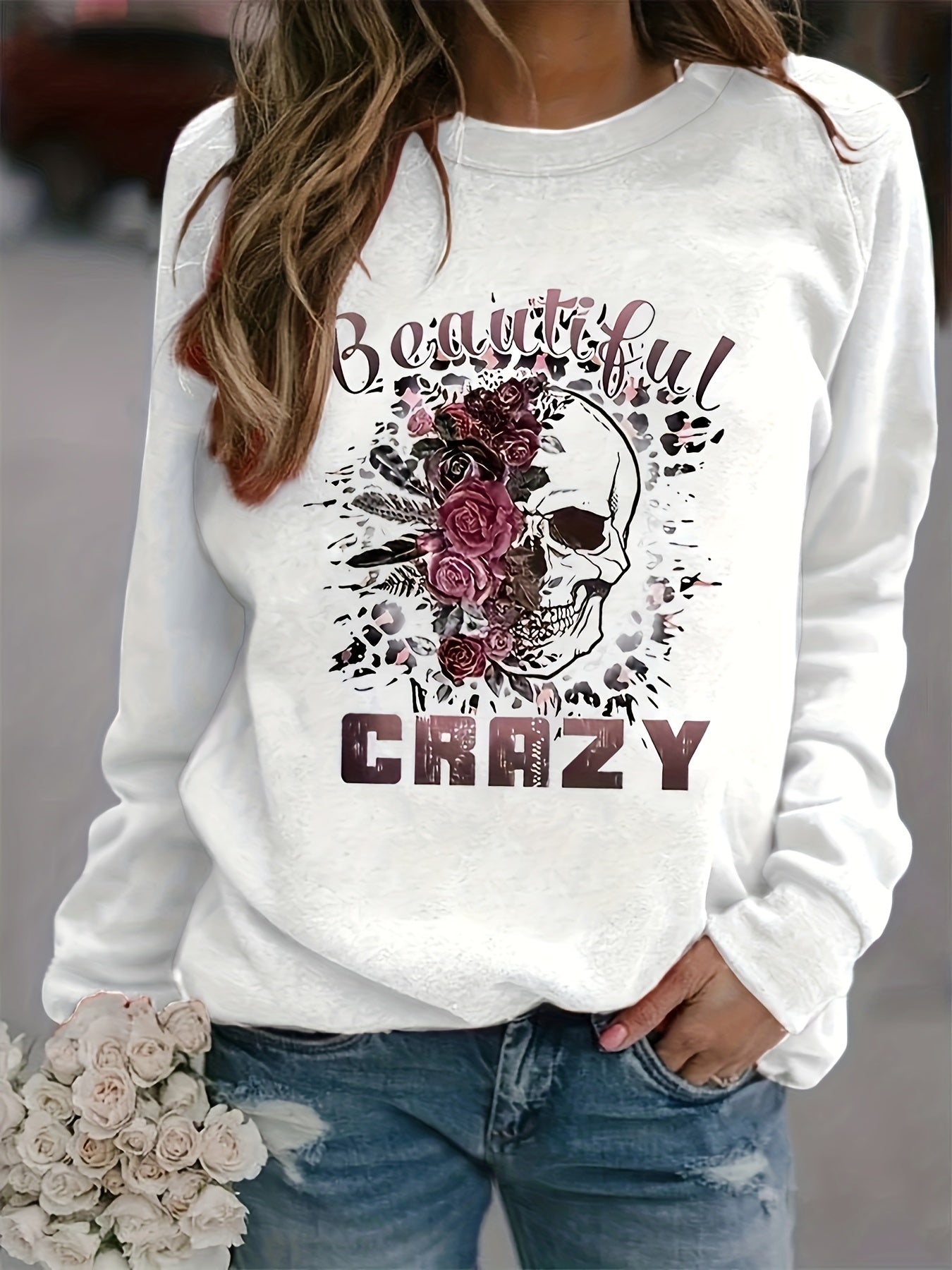 Crazy & Skull Print Sweatshirt Long Sleeve Crew Neck Women's Clothing
