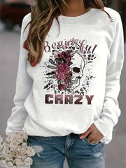Crazy & Skull Print Sweatshirt Long Sleeve Crew Neck Women's Clothing