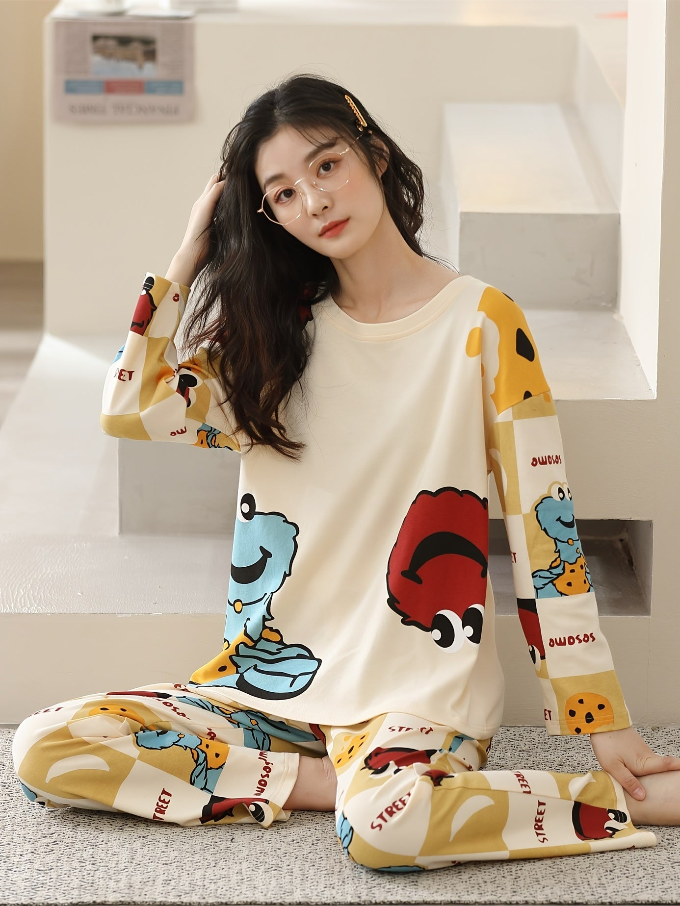 Cartoon Print Pajama Set Women's Sleepwear