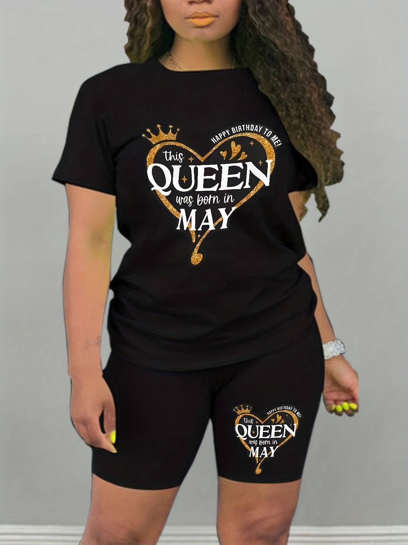 Happy Birthday Print Two Piece Set Short Sleeve Crew Neck Casual T Shirt & Short