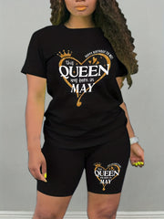 Happy Birthday Print Two Piece Set Short Sleeve Crew Neck Casual T Shirt & Short