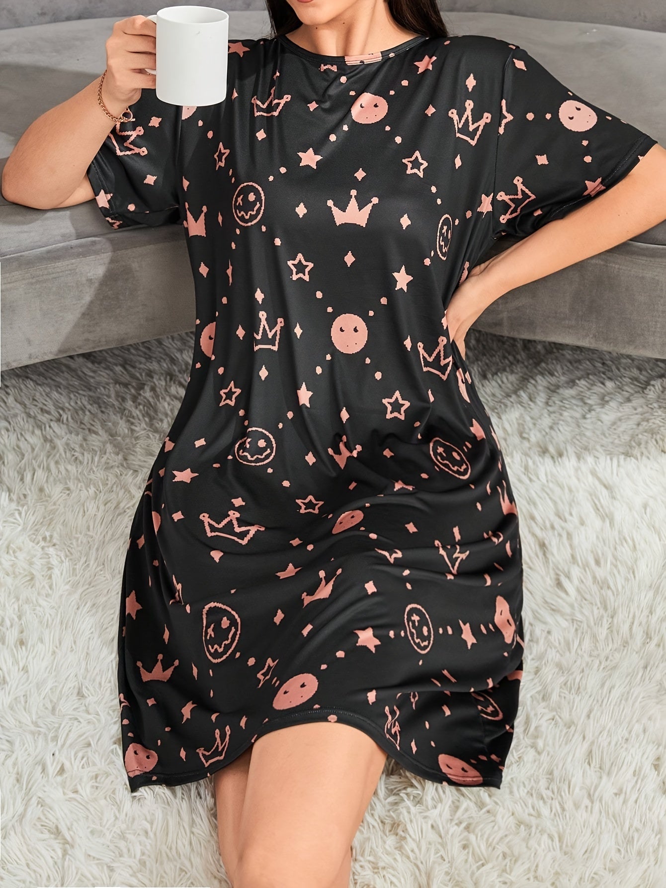 Nightdress Women's Plus Cartoon & Star Print Short Sleeve Sleep Dress