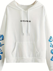 Butterfly & Letter Print Kangaroo Pocket Hoodie Women's Sweatshirt