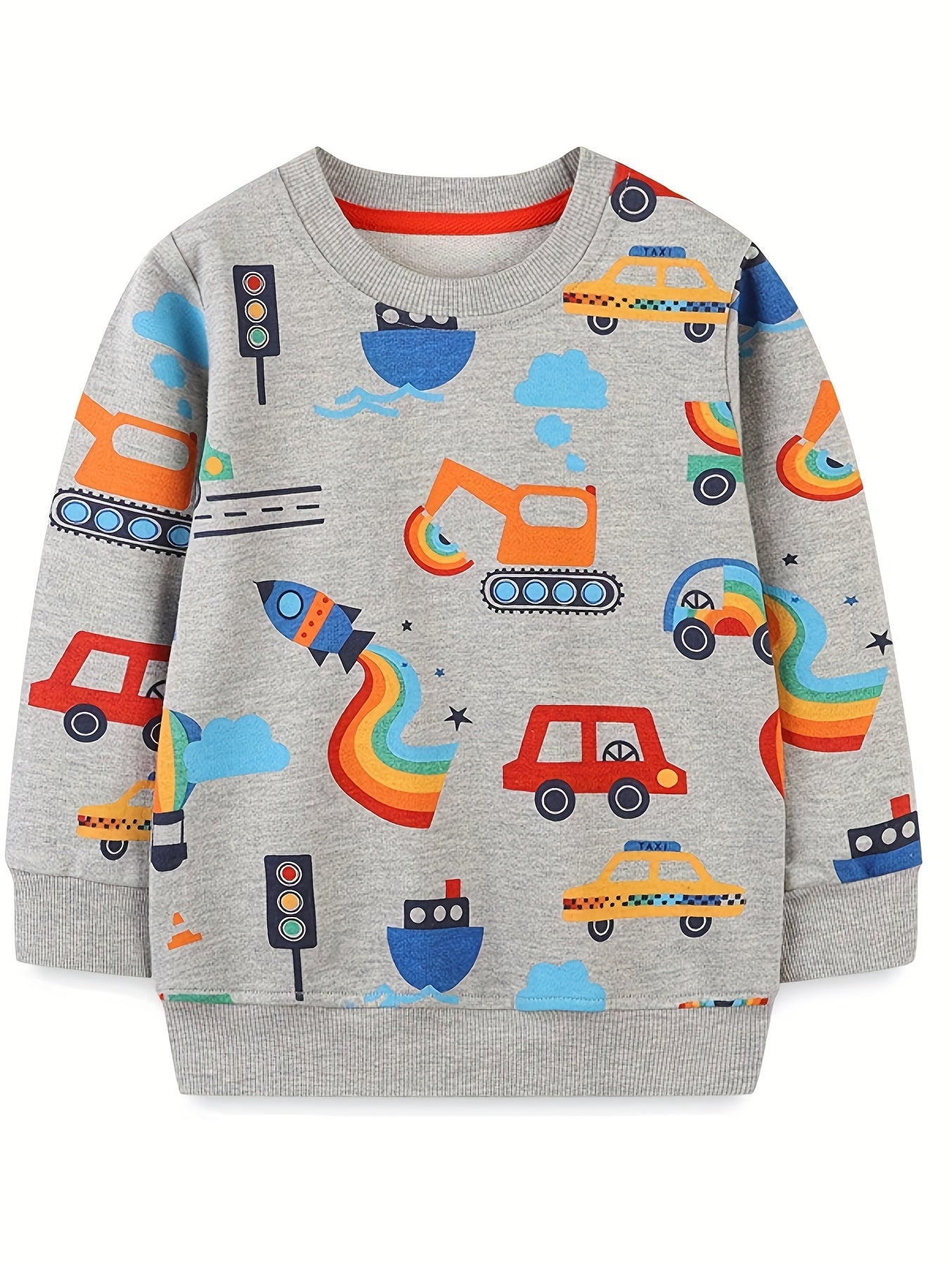 Boys' Cartoon Vehicles Print Hoodie Long Sleeve Top Pullover