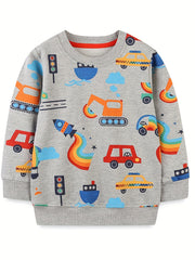 Boys' Cartoon Vehicles Print Hoodie Long Sleeve Top Pullover