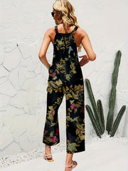 Floral Print Dual Pockets Overall Jumpsuit Casual Button Front Suspender Jumpsui