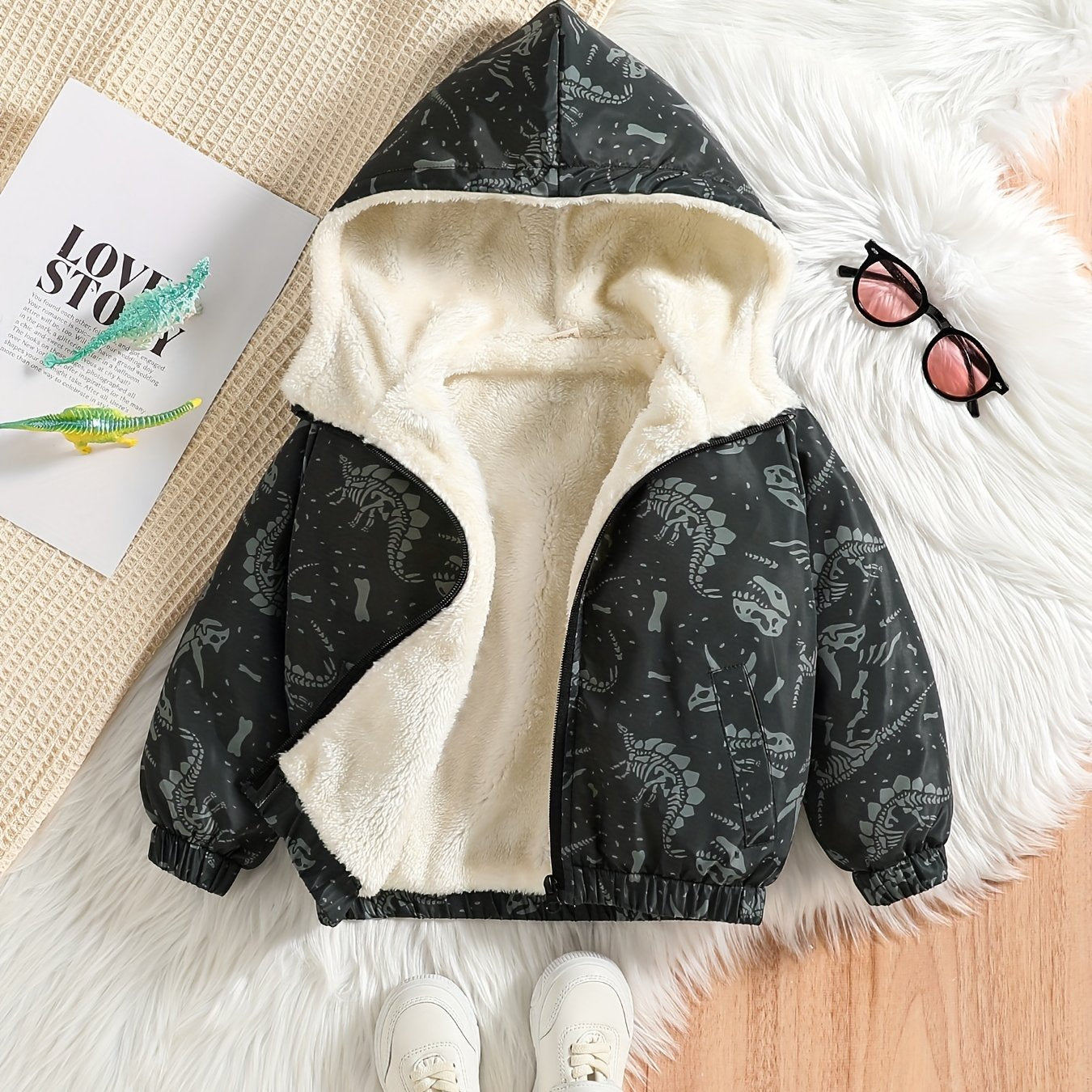 Boys Dinosaur Fleece Hoodie Jacket for Autumn and Winter